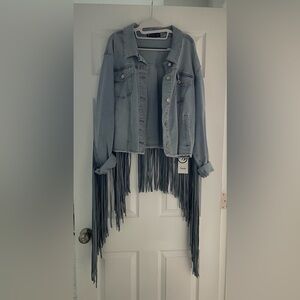 Fashion to Figure Light Blue Fringe Denim Trucker Jacket